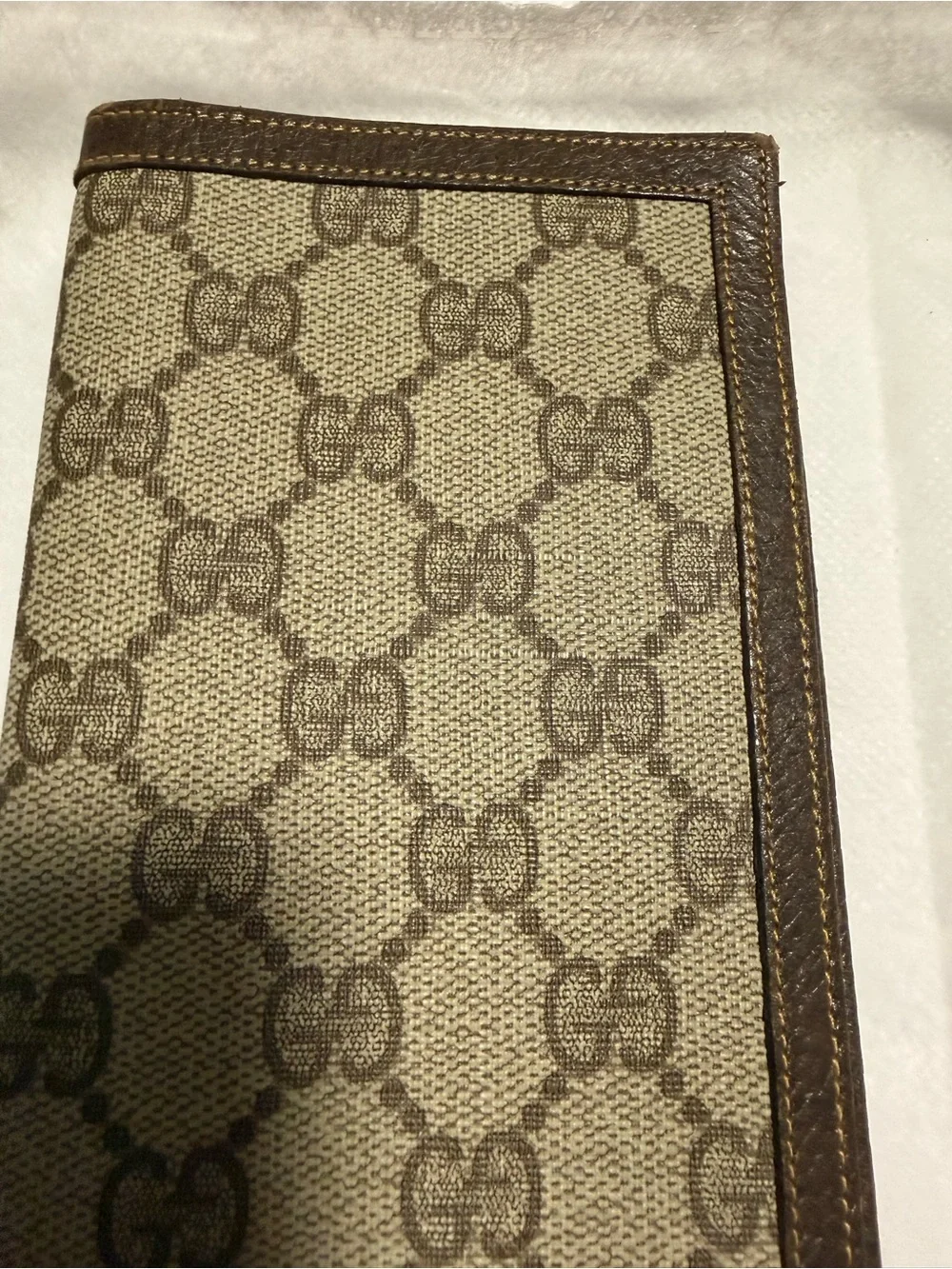 Gucci Vintage Beige GG Monogram Long Bifold Wallet with Brown Trim DUSTY and COA